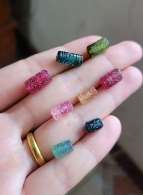 包邮天然碧玺雕件回纹珠 单珠 通孔雕刻DIY配件散珠蓝色晶体好