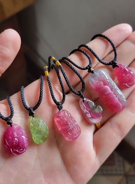 包邮天然碧玺吊坠小雕件鱼牌葫芦卢比来色蓝碧玺手链吊坠一物一图