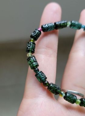 包邮款深蓝绿色老矿料玻璃体回纹手链手串