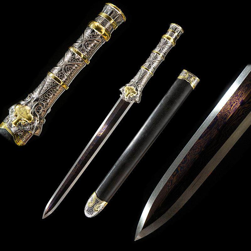 兽王战剑花纹钢短剑烤蓝工艺八面