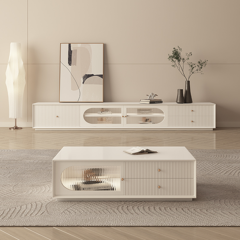 奶油风落地实木电视机柜