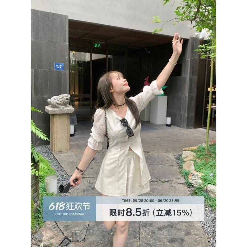 切糕自制小个子夏季气质女通勤休闲新中式套装女装夏装上衣短裤