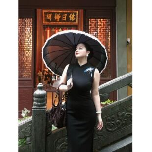 秋辞香~蓝丝蝴蝶 弹力修身改良旗袍女人味黑色无袖气质风情万种
