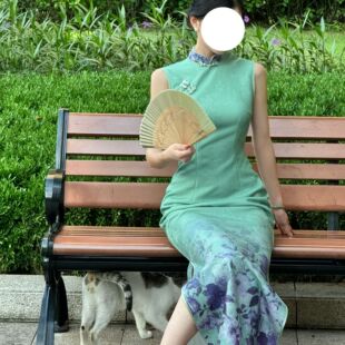 秋辞香~绿袖 无袖绿色显瘦少女清新国风修身新中式改良旗袍连衣裙