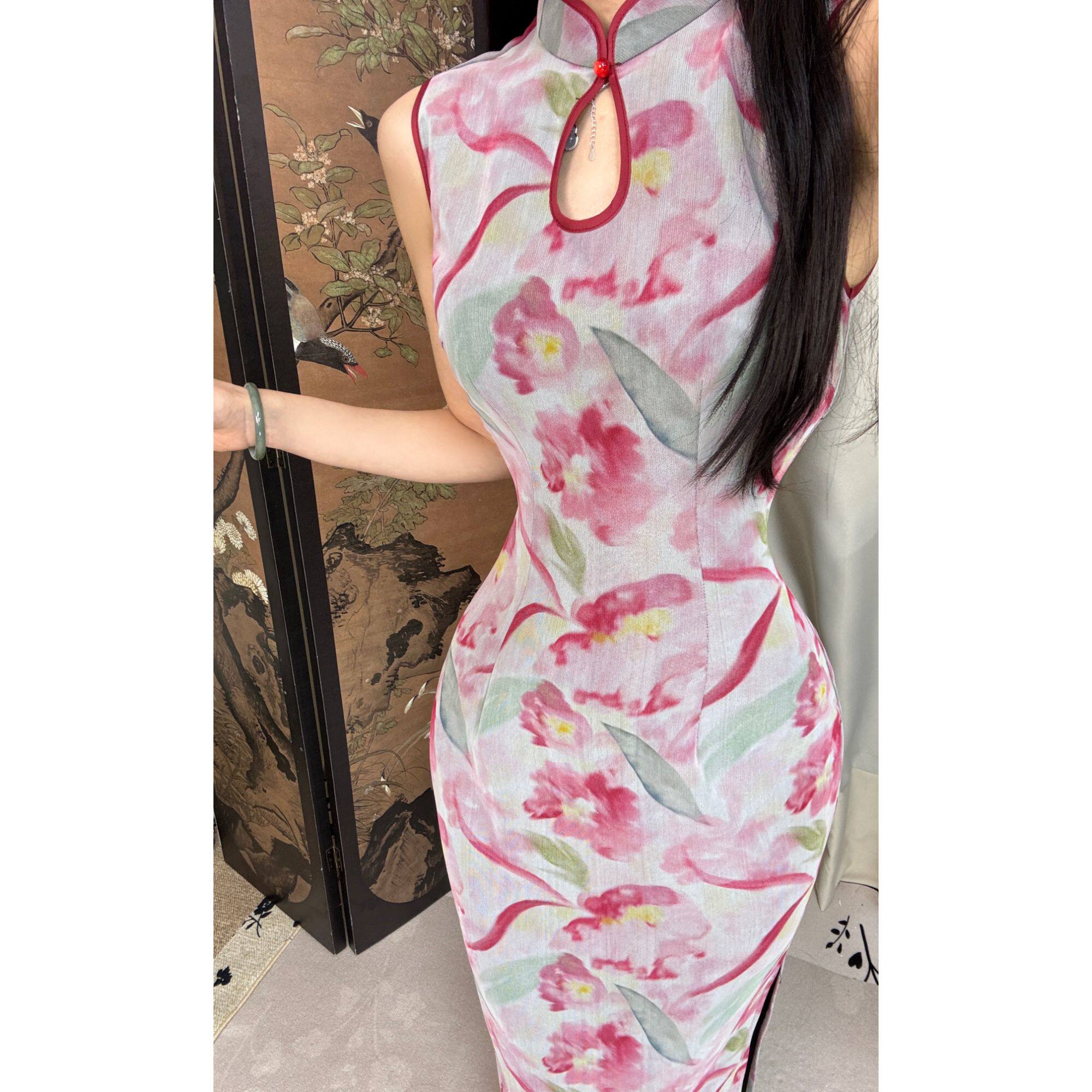 秋辞香~春信  弹力粉红色碎花无袖国风新中式改良旗袍夏季