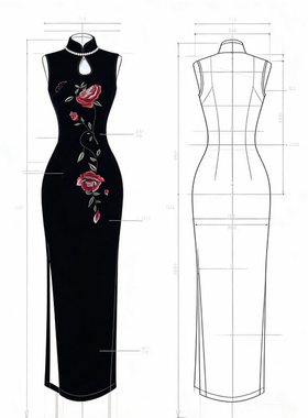 秋辞香~花几枝 新中式国风改良旗袍黑色弹力气质旗袍刺绣连衣裙