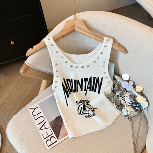 无袖 铆钉U领针织背心女设计感字母印花内搭短款 上衣 夏季 清仓捡漏