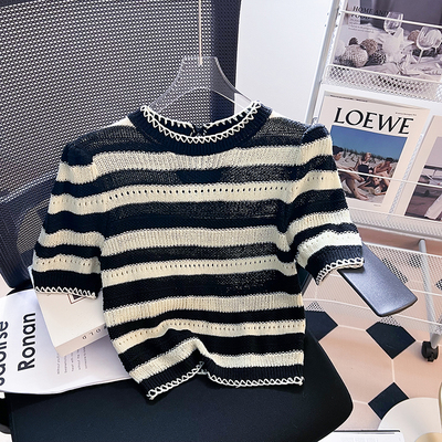 复古正肩短款条纹短袖t恤女夏