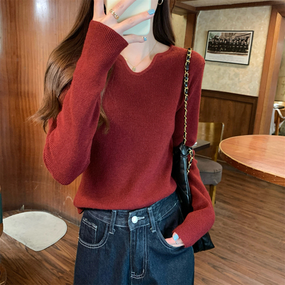 低领红色毛衣打底衫女内搭显瘦高级感小众甜辣V领针织上衣春秋冬