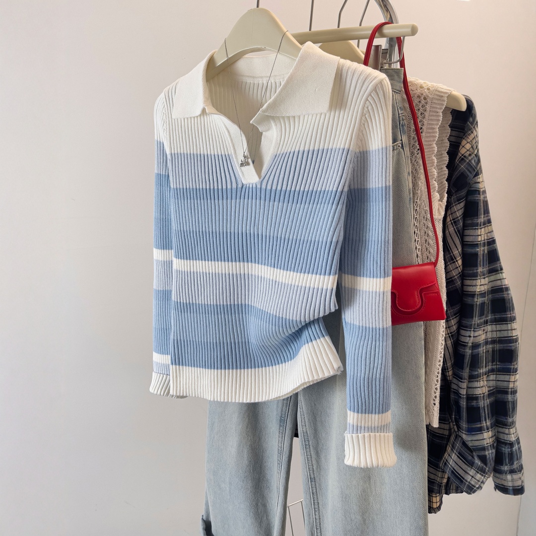法曼萱法式polo领条纹针织衫女2025秋新款羊毛蓝白翻领修身打底衫