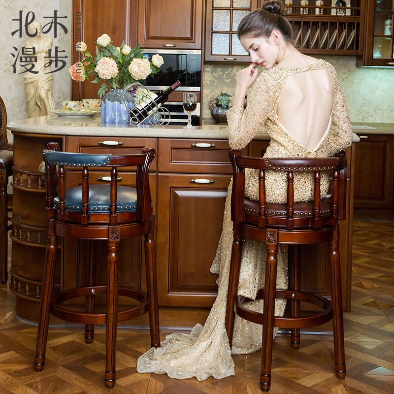 实木吧台椅子复古真皮铆钉旋转酒吧椅家用美式吧椅靠背吧凳高脚凳