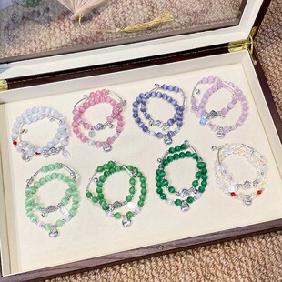 新款设计叠戴套装紫色A级猫眼石手串女铃铛闺蜜款手工新中式手链