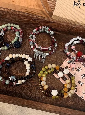 民族风双层叠戴陶瓷串珠手链女
