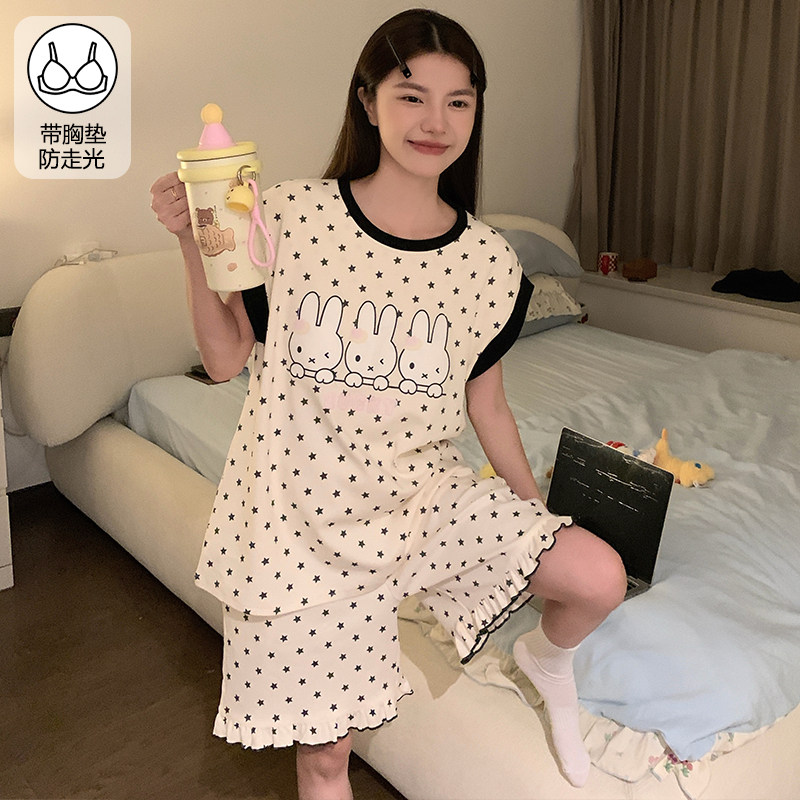 夏季纯棉女大童卡通胸垫睡衣套装