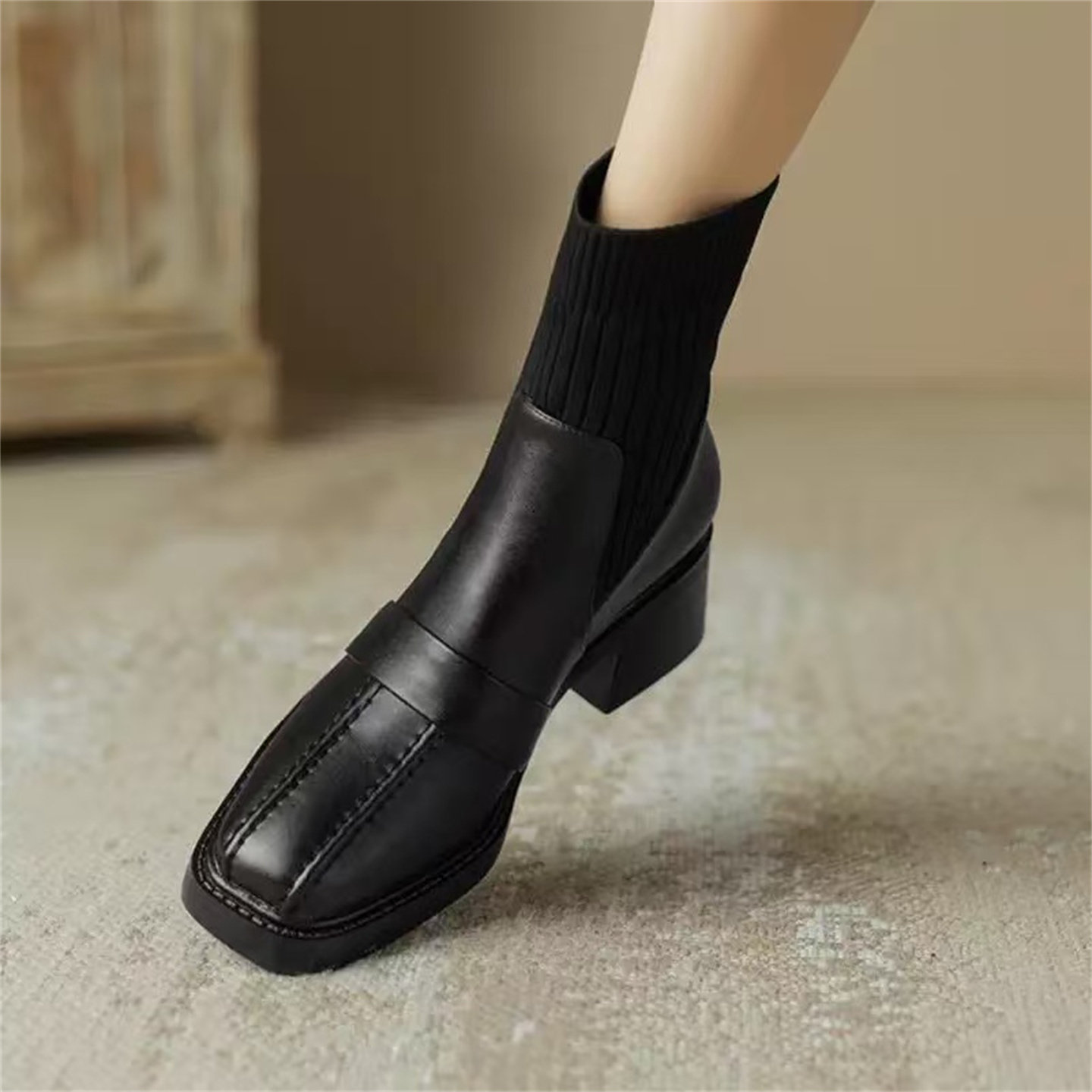 特价法式复古秋冬季针织筒粗跟短靴女切尔西瘦瘦靴马丁靴弹力袜靴,女鞋,切尔西靴,淘宝优惠券,粉丝福利购,淘宝优惠卷