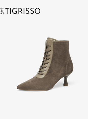 Tigrisso蝶愫2025冬蹀愫高跟系带羊绒时装靴优雅短靴女TA65730-10