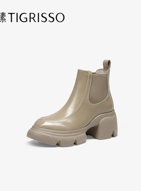 Tigrisso蝶愫2025冬蹀愫拼接一脚蹬切尔西靴厚底女短靴TA65720-51
