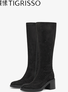 Tigrisso蝶愫2025冬蹀愫烫钻高跟增高弹力骑士长靴女靴TA65704-13