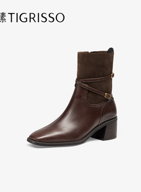 Tigrisso蝶愫2025冬蹀愫粗跟增高时装靴真皮牛皮短靴女TA65733-50
