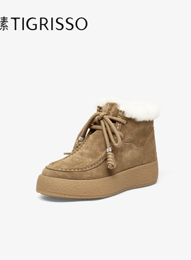 Tigrisso蝶愫2025冬蹀愫加绒雪地靴厚底女毛毛保暖短靴TA65797-50
