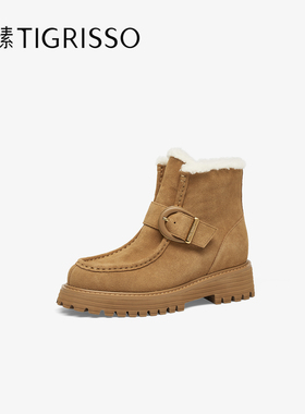 Tigrisso蝶愫2025冬蹀愫复古保暖靴袋鼠鞋加绒女时装靴TA65702-53