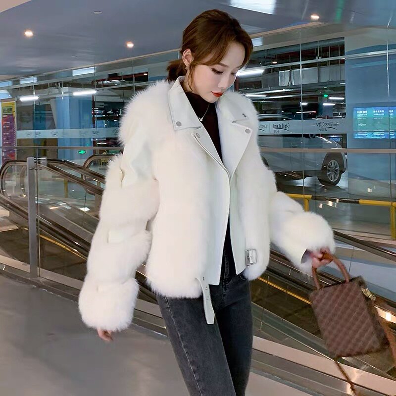 仿狐狸毛皮草外套女皮毛一体年轻款2020新款秋冬加厚短款机车服