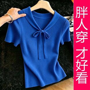 【专柜大码】蓝色系带针织短袖女夏季新款显瘦气质百搭减龄上衣