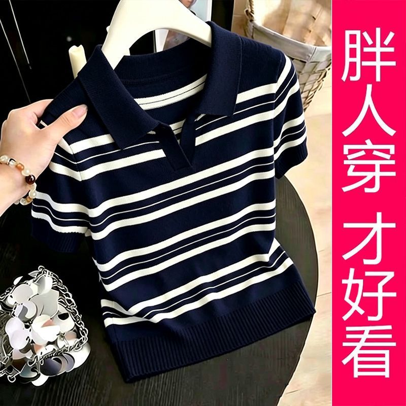 【专柜大码】藏青白条纹 Polo 领针织短袖女夏季新款显瘦百搭上衣图片