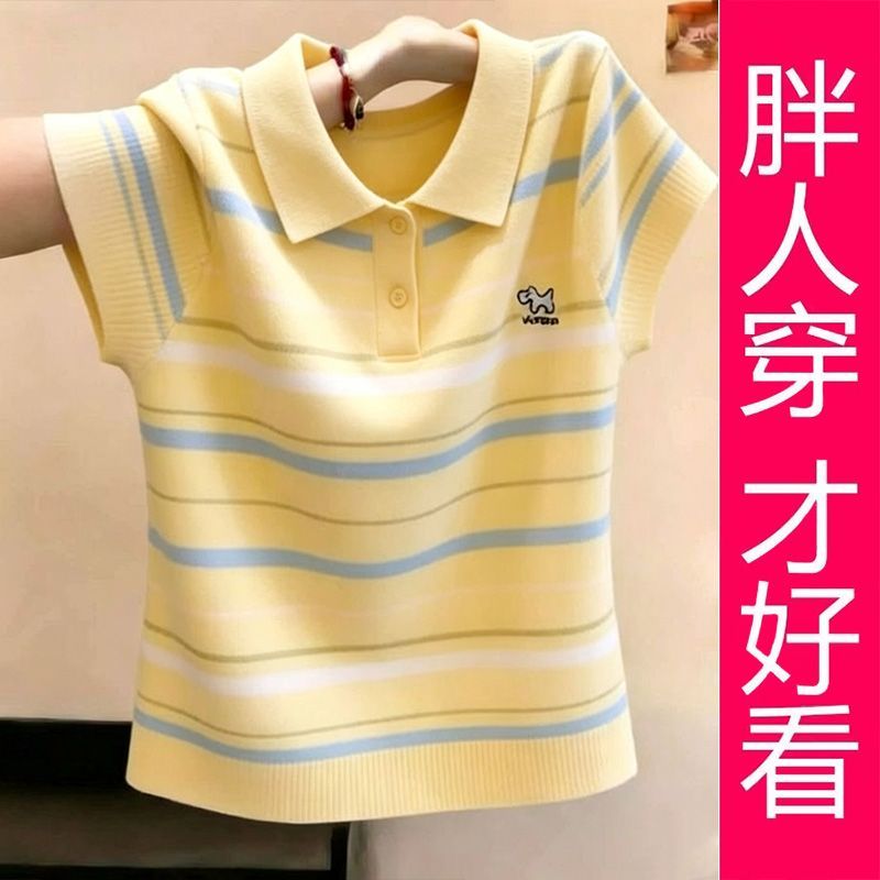【专柜大码】条纹 Polo 领小狗刺绣针织衫夏季薄款百搭短袖图片