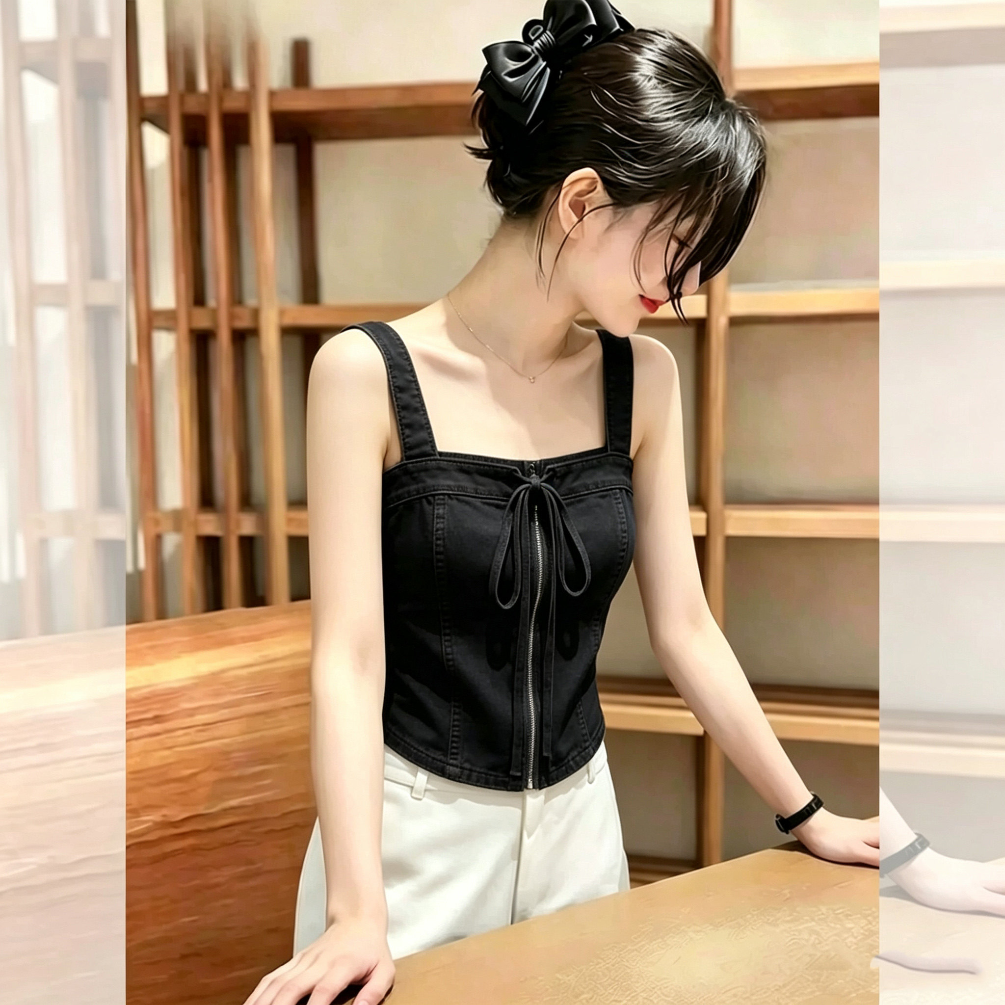 夏季黑色女方领美背吊带背心