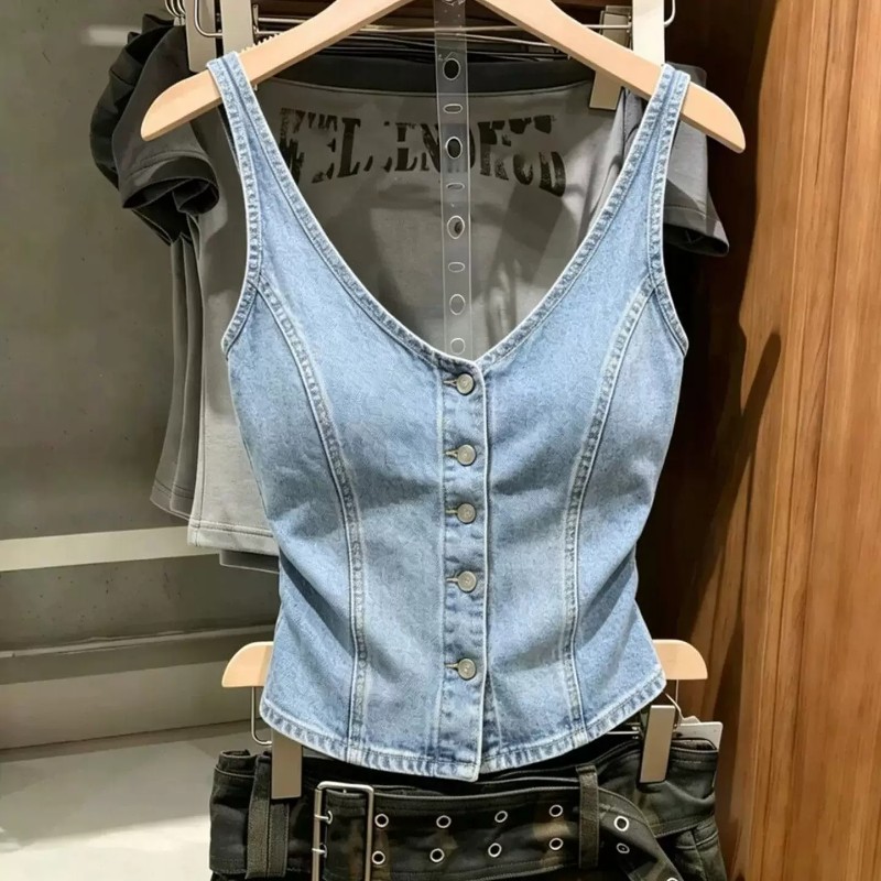 牛仔复古辣妹短款吊带小个子外穿