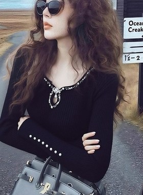 法式钉珠黑色针织打底衫秋冬新款当季流行爆款秋冬内搭高级感上衣