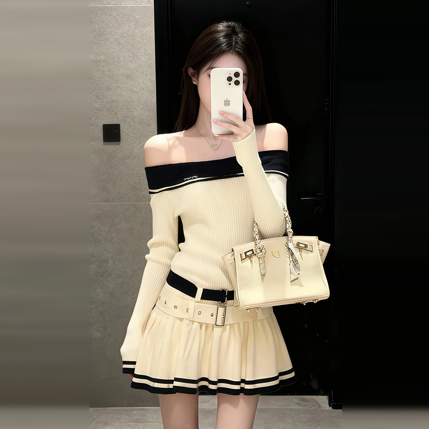 2026新款韩系高级感杏色针织内搭一字肩连衣裙子女秋冬绝美a字裙,女装/女士精品,连衣裙,淘宝优惠券,粉丝福利购,淘宝优惠卷