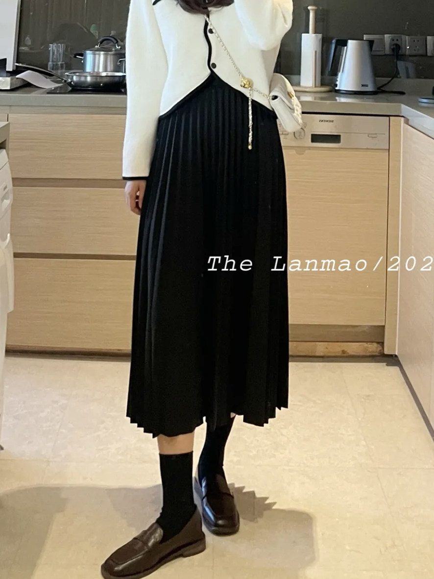 白色百褶裙女中长款半身裙2026春夏新款小个子高腰A字松紧腰裙子