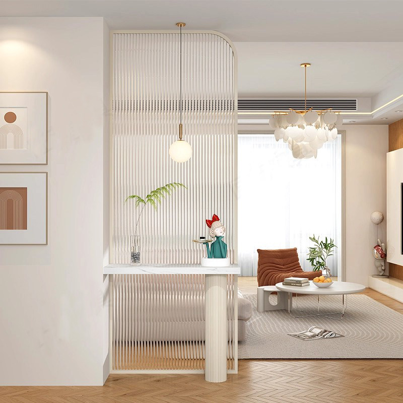 奶油风超白长虹玻璃屏风入户玄关现代简约不锈钢隔断客厅创意装饰