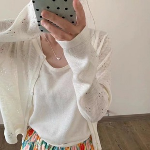 官网正品 配吊带裙小外搭披肩镂空纯 圆领冰丝针织防晒开衫 女薄夏季
