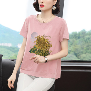 新款 官网正品 t恤女夏季 中年妈妈装 圆领刺绣宽松上衣气质 纯棉短袖