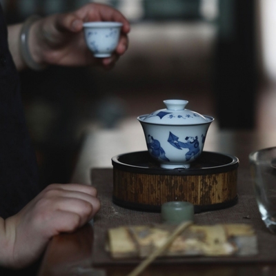 景德镇弥云斋 限量款(无邪）青花童趣人物盖碗手绘复古茶具