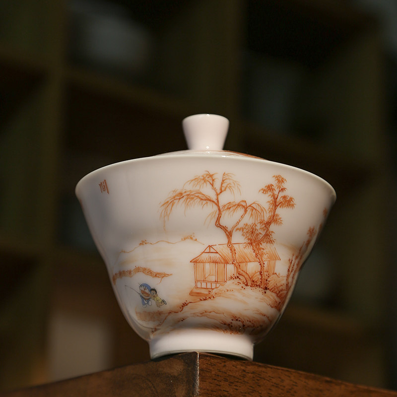 后山隐云盖碗手绘矾红