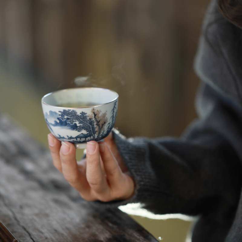 弥云斋枕秋包银口景德镇手绘青花釉里红山水吾杯茶杯主人杯陶瓷