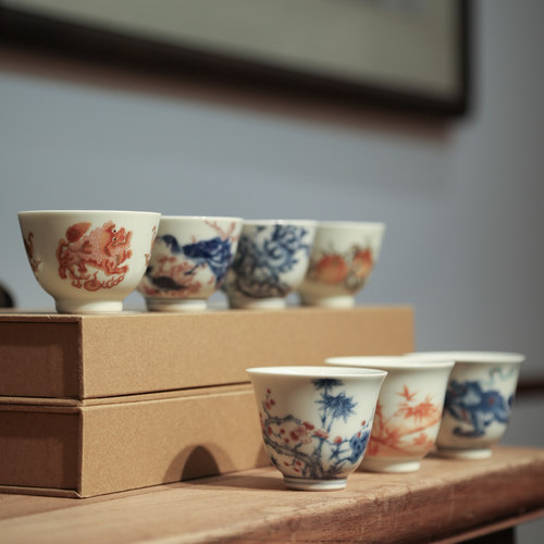 一九茶舍仿古釉青花茶杯釉里红