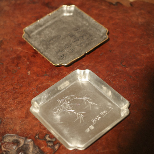 郑天泗手工锤纹方形金边锡壶承竹影云起茶承储水功夫茶具干泡盘小