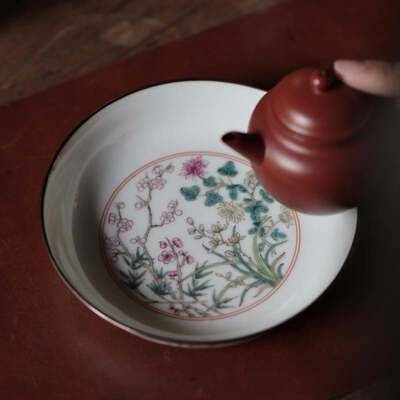 弥云斋清风与归粉彩诗文花卉承盘