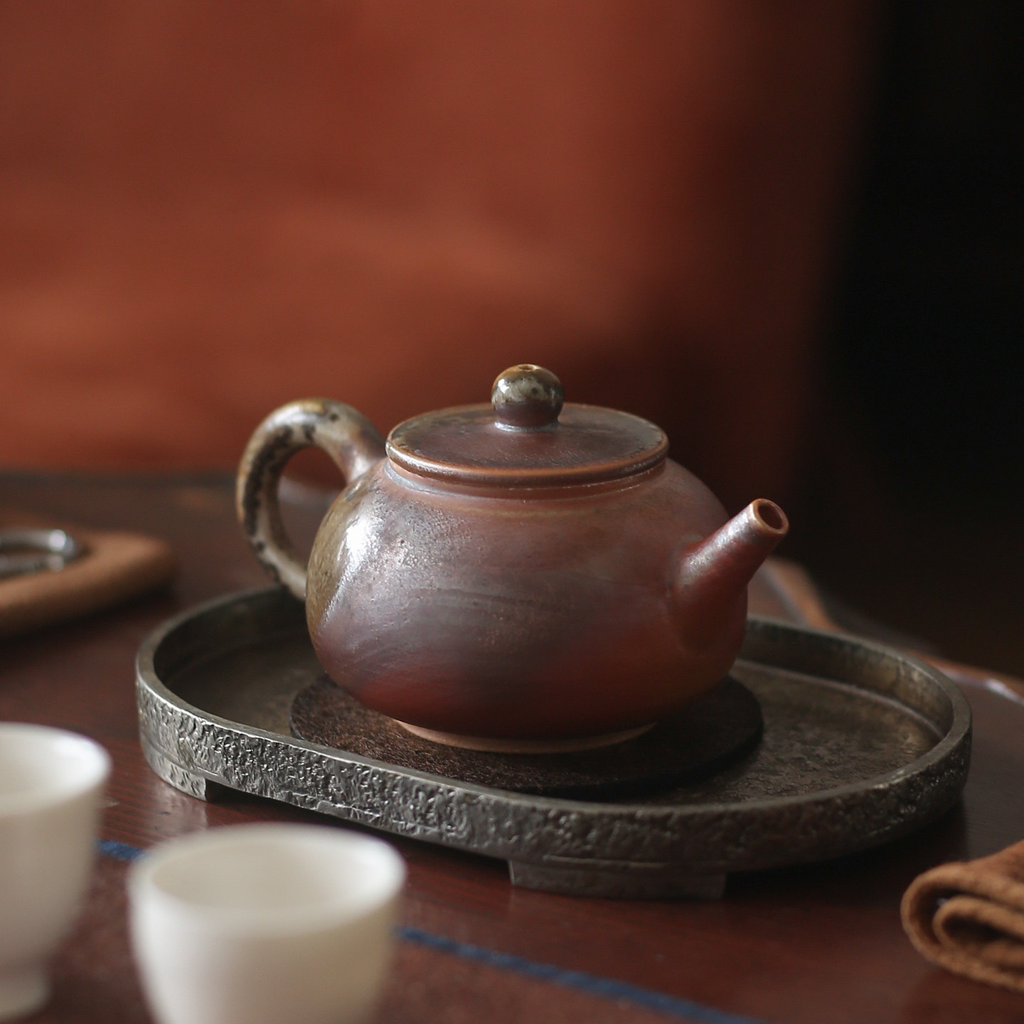 全手工柴窑柴烧无釉落灰白泥茶壶