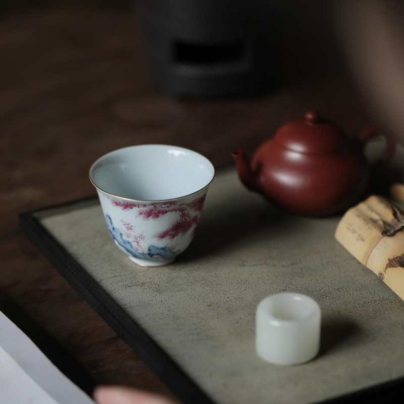 景德镇弥云斋云松宝石红斗彩松石吾杯限量款手绘茶杯