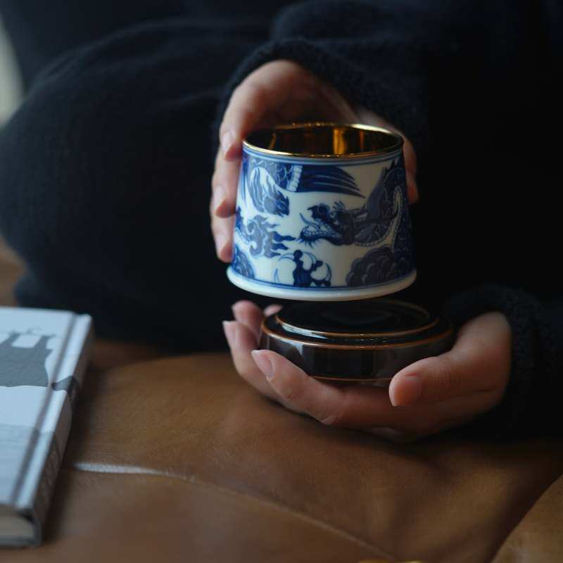 枕石向野祥麟景德镇手绘釉下青花龙凤纹转心杯茶杯威士忌酒杯杯垫
