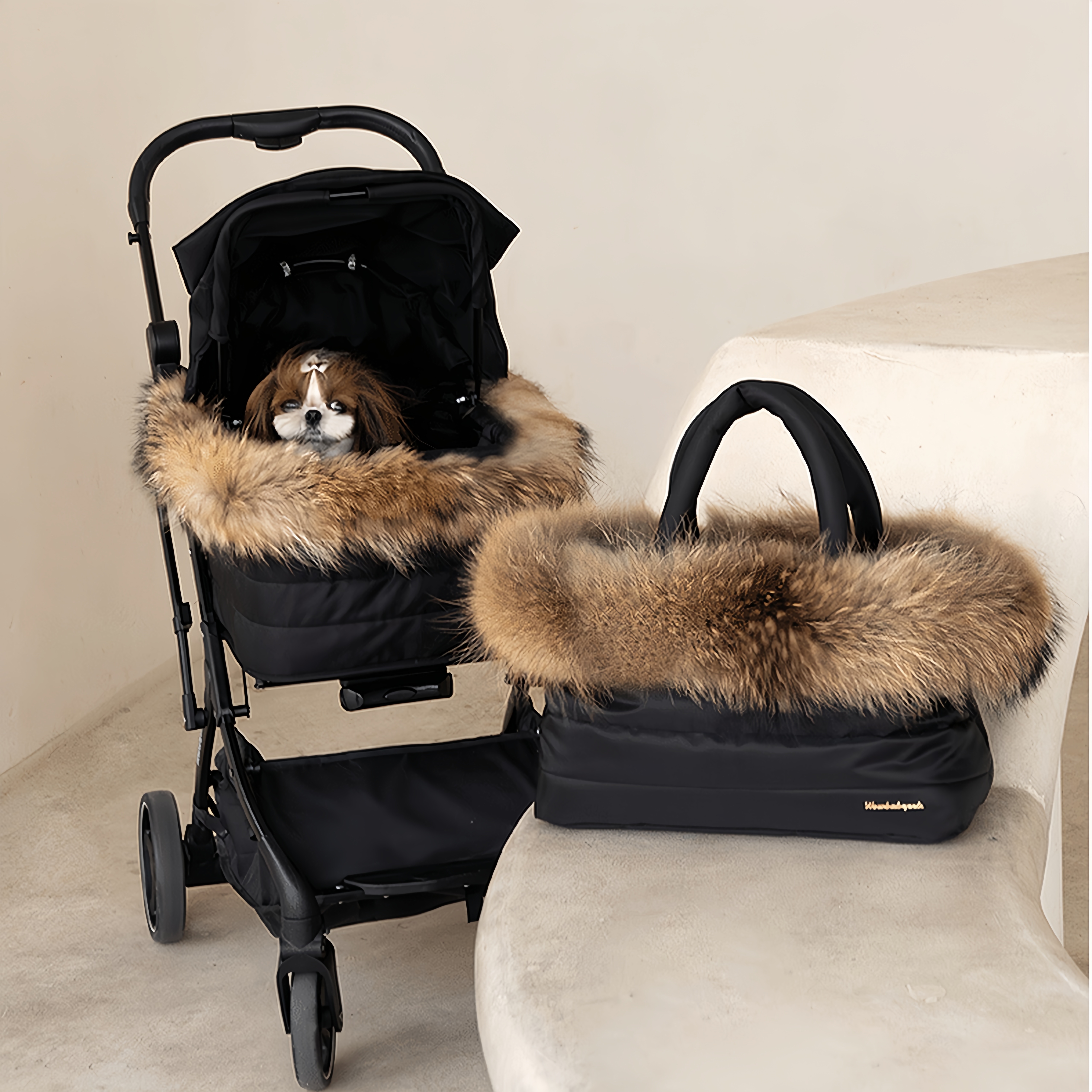 貉子毛防风可分离遛狗推车手提包