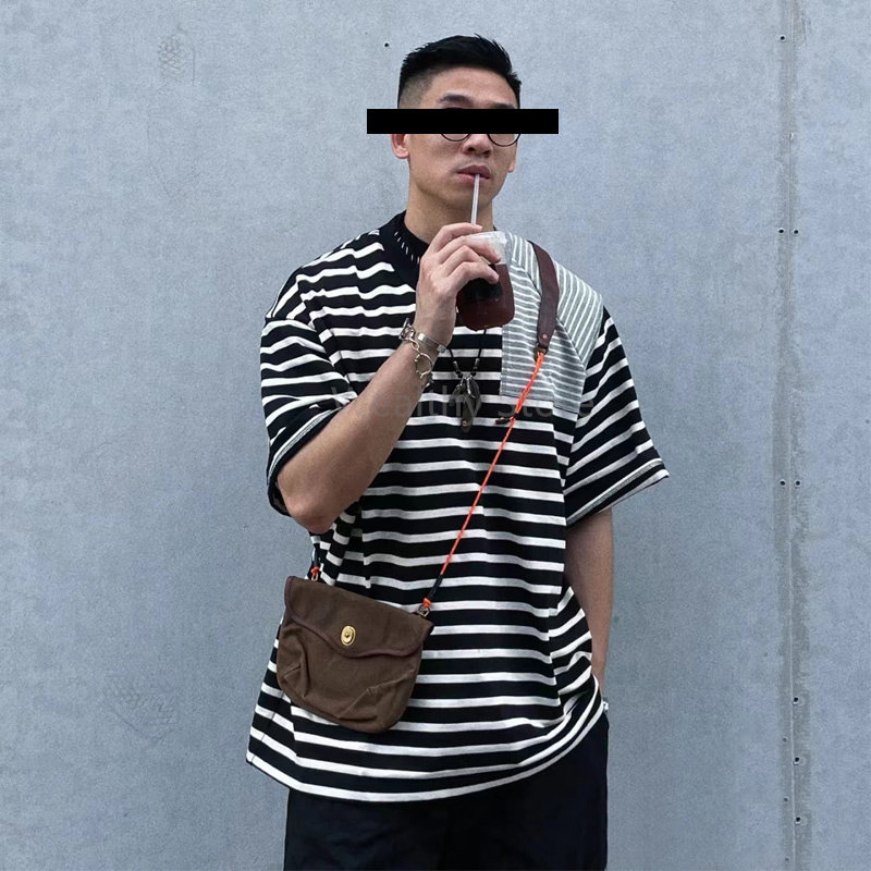 23SS KOLOR 阿部润一撞色拼接条纹不规则剪裁日系休闲短袖T恤男女