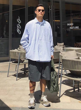 BEAMS SSZ DABUR日系休闲方领拼接条纹格子长袖衬衫city boy风格