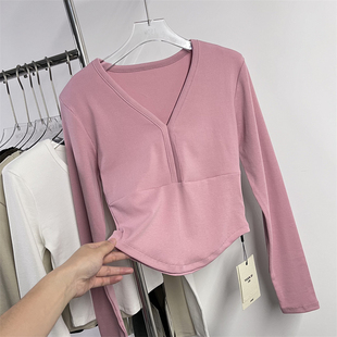 v领正肩长袖 女春秋修身 t恤高级感垫肩上衣潮 熙6080内搭打底衫 元